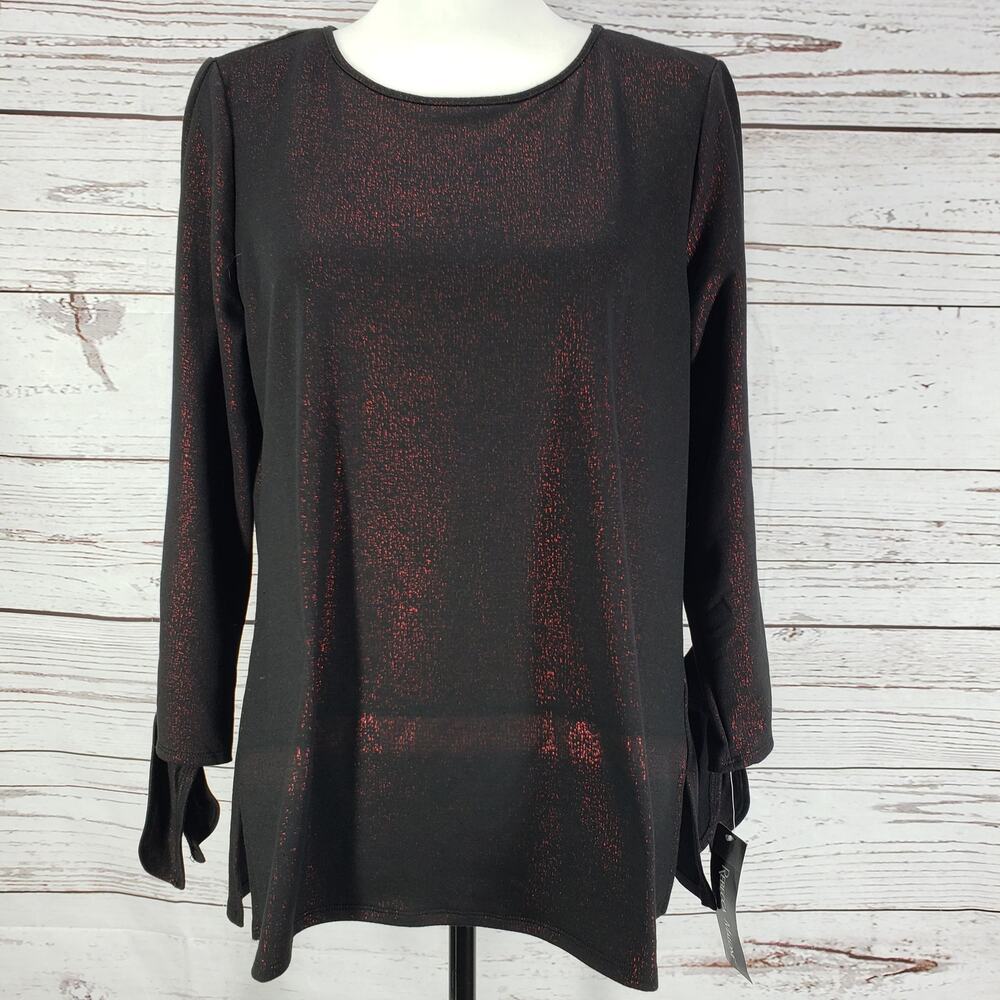Rebecca Malone New Black Red Foil Bow Tie End Sleeve Top Size Medium